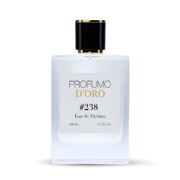 Verpackung von Profumo Doro #238 – schwarzes Design mit metallischem Glanz, Symbol für Stärke, Abenteuer und Sti